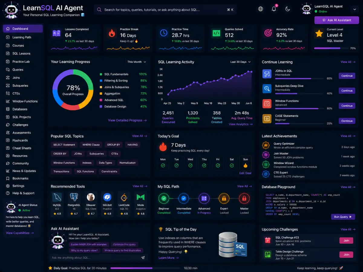 learnsql.app AI SQL learning tutor app — lesson dashboard preview